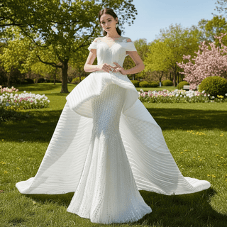 Mermaid Appliques Pearls Cap Sleeve Unique Wedding Dress - Rosymae