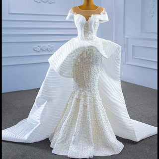 Mermaid Appliques Pearls Cap Sleeve Unique Wedding Dress - Rosymae