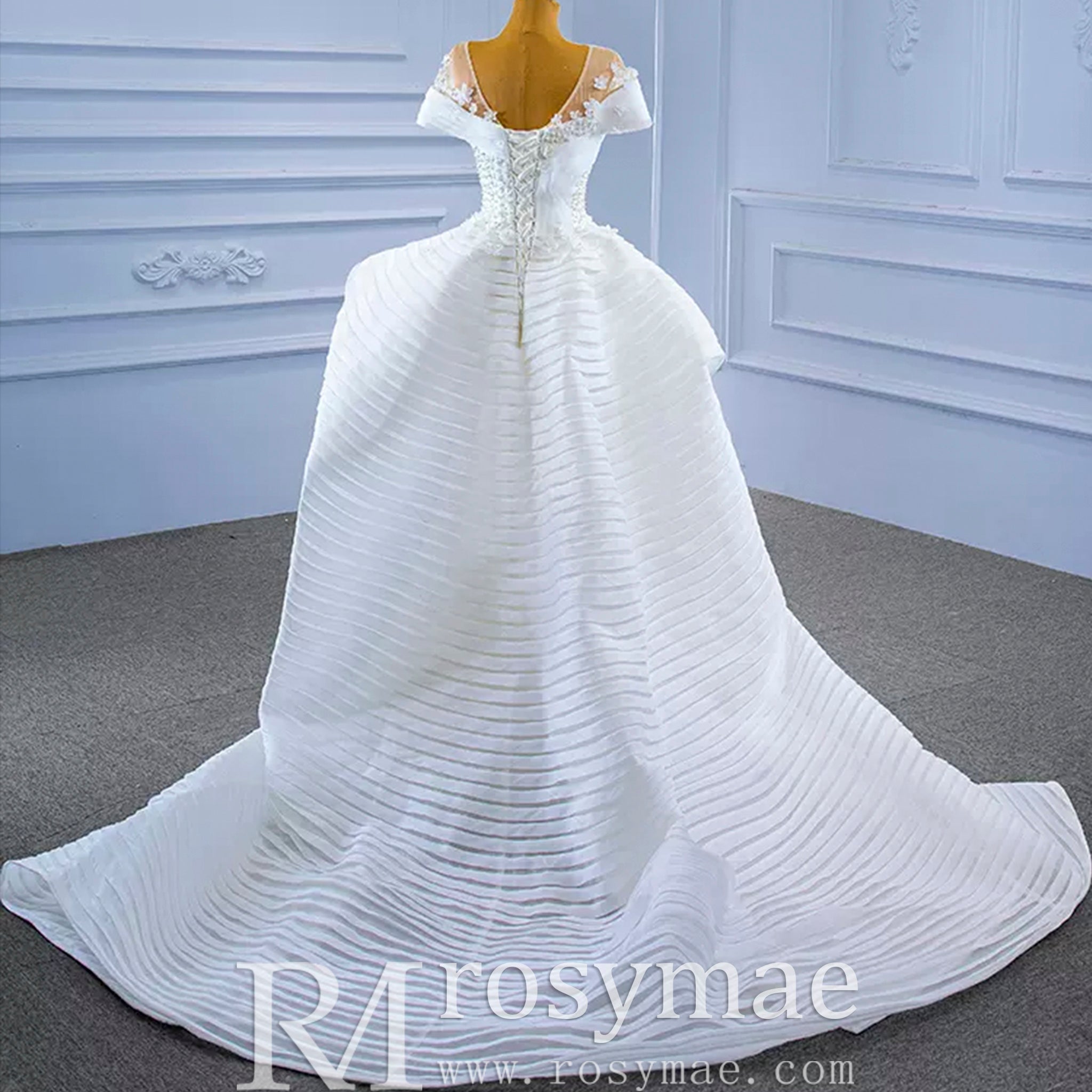 Mermaid Appliques Pearls Cap Sleeve Unique Wedding Dress - Rosymae