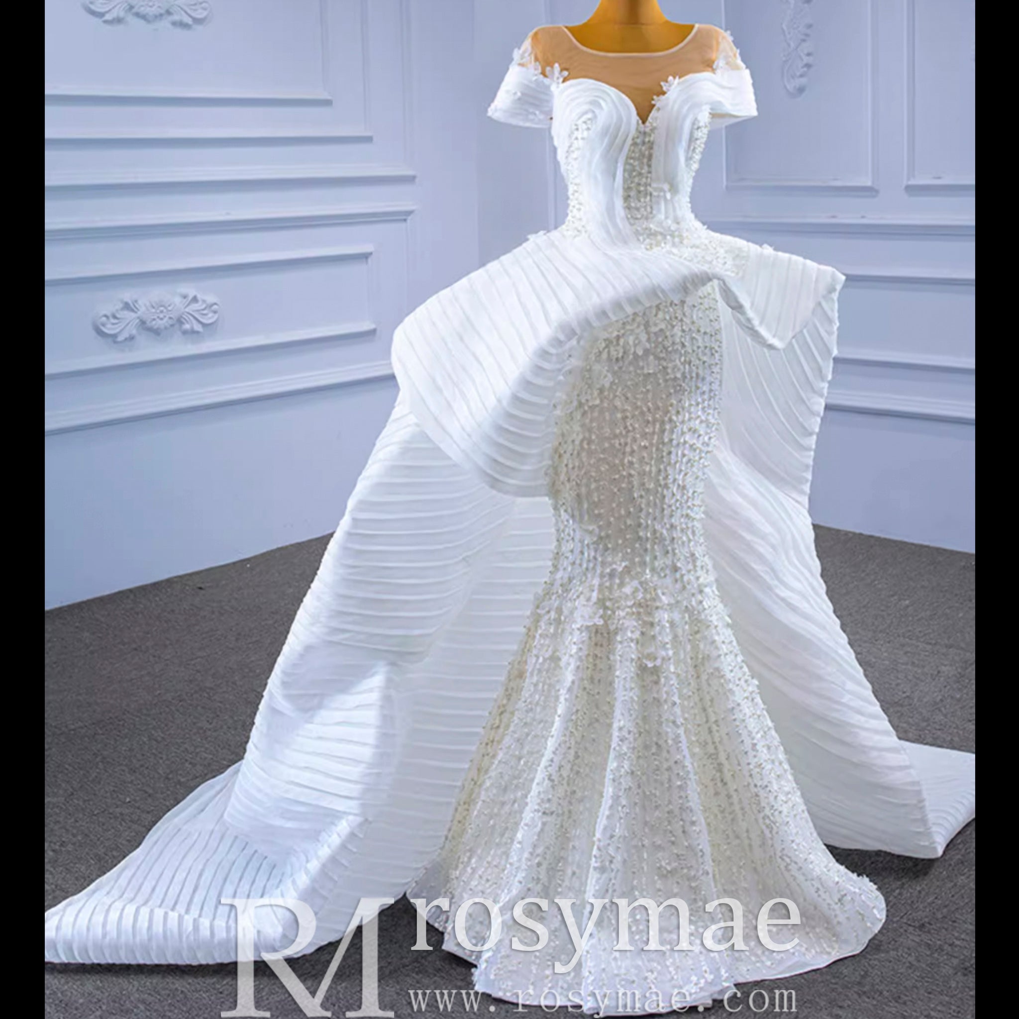 Mermaid Appliques Pearls Cap Sleeve Unique Wedding Dress - Rosymae