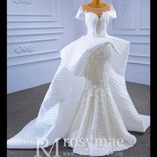 Mermaid Appliques Pearls Cap Sleeve Unique Wedding Dress - Rosymae