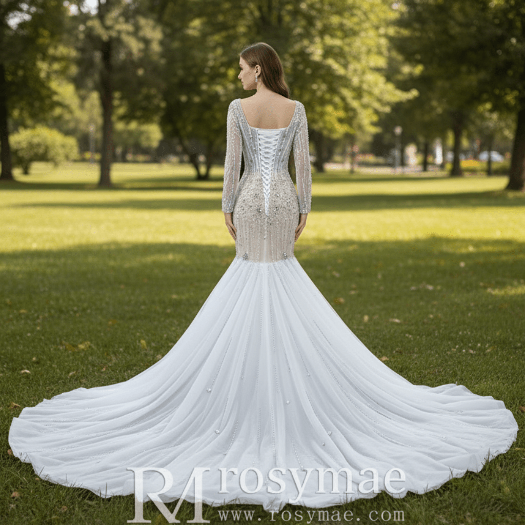 Mermaid Beaded Square Neck Sheer Wedding Dress with Long Sleeves - Rosymae