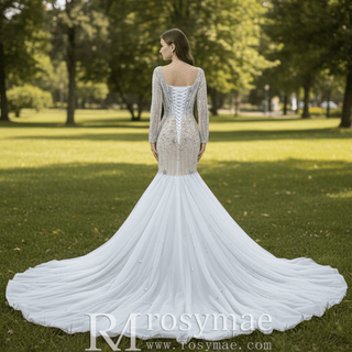 Mermaid Beaded Square Neck Sheer Wedding Dress with Long Sleeves - Rosymae