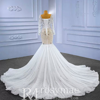 Mermaid Beaded Square Neck Sheer Wedding Dress with Long Sleeves - Rosymae