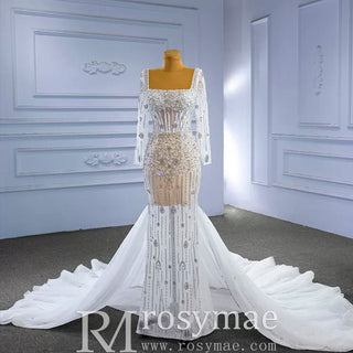Mermaid Beaded Square Neck Sheer Wedding Dress with Long Sleeves - Rosymae