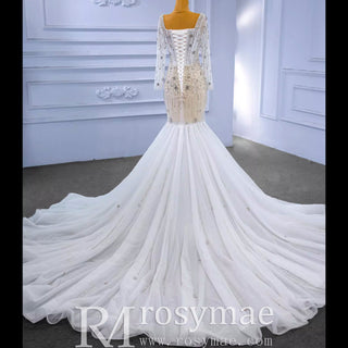 Mermaid Beaded Square Neck Sheer Wedding Dress with Long Sleeves - Rosymae