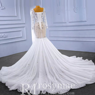 Mermaid Beaded Square Neck Sheer Wedding Dress with Long Sleeves - Rosymae
