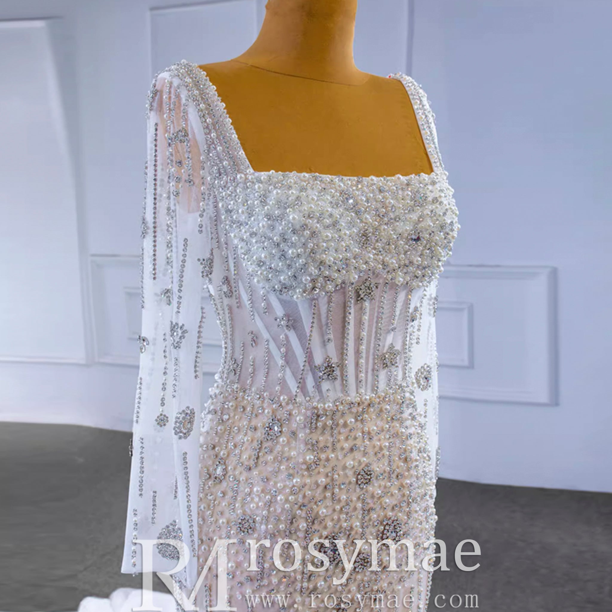 Mermaid Beaded Square Neck Sheer Wedding Dress with Long Sleeves - Rosymae