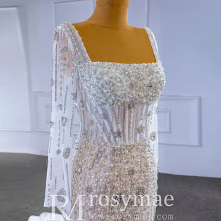 Mermaid Beaded Square Neck Sheer Wedding Dress with Long Sleeves - Rosymae
