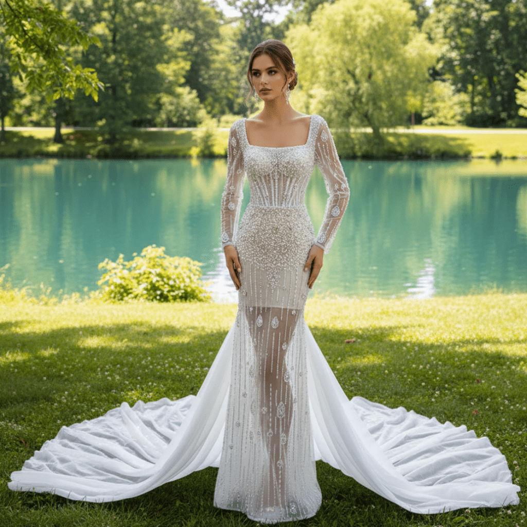 Mermaid Beaded Square Neck Sheer Wedding Dress with Long Sleeves - Rosymae