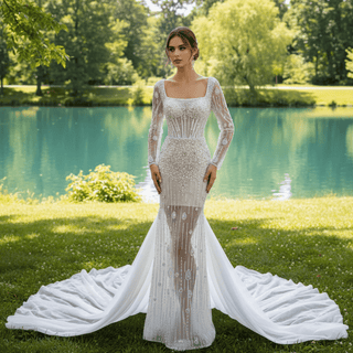 Mermaid Beaded Square Neck Sheer Wedding Dress with Long Sleeves - Rosymae