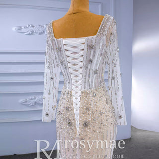 Mermaid Beaded Square Neck Sheer Wedding Dress with Long Sleeves - Rosymae