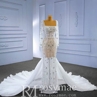 Mermaid Beaded Square Neck Sheer Wedding Dress with Long Sleeves - Rosymae