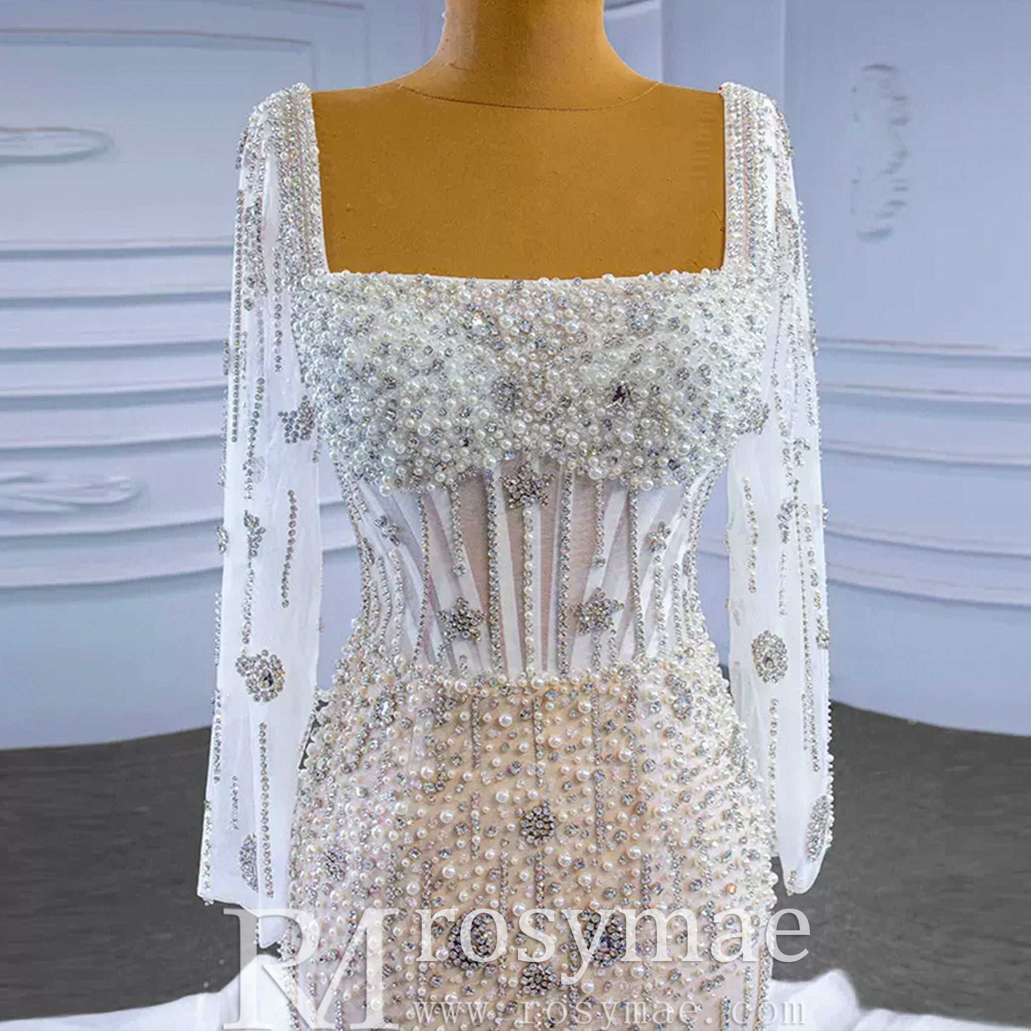 Mermaid Beaded Square Neck Sheer Wedding Dress with Long Sleeves - Rosymae