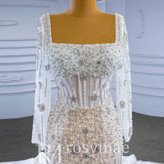 Mermaid Beaded Square Neck Sheer Wedding Dress with Long Sleeves - Rosymae