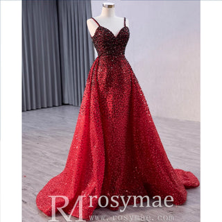 Mermaid Beaded with Removable Overskirt Prom Dress Spaghetti Strap Pageant Dress - Rosymae
