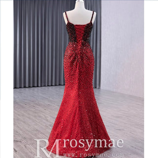 Mermaid Beaded with Removable Overskirt Prom Dress Spaghetti Strap Pageant Dress - Rosymae