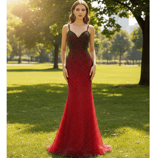 Mermaid Beaded with Removable Overskirt Prom Dress Spaghetti Strap Pageant Dress - Rosymae
