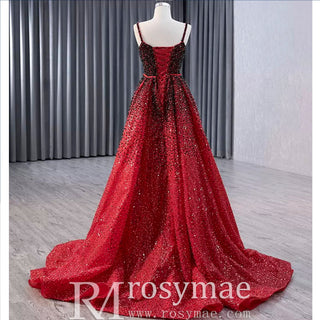 Mermaid Beaded with Removable Overskirt Prom Dress Spaghetti Strap Pageant Dress - Rosymae