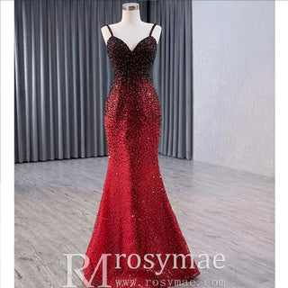 Mermaid Beaded with Removable Overskirt Prom Dress Spaghetti Strap Pageant Dress - Rosymae