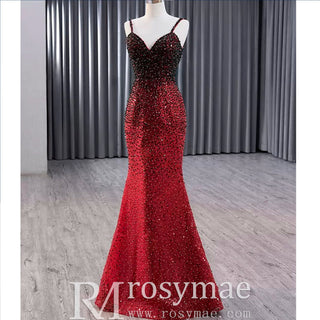Mermaid Beaded with Removable Overskirt Prom Dress Spaghetti Strap Pageant Dress - Rosymae