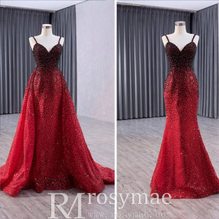 Mermaid Beaded with Removable Overskirt Prom Dress Spaghetti Strap Pageant Dress - Rosymae