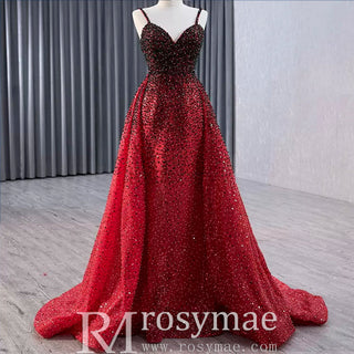 Mermaid Beaded with Removable Overskirt Prom Dress Spaghetti Strap Pageant Dress - Rosymae