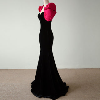 Puff Cap Sleeve Pink and Black Bridesmaid Dress Evening Party Gown