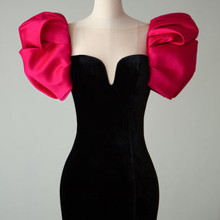 Vestido de dama de honor rosa y negro con manga casquillo abullonada Vestido de fiesta de noche