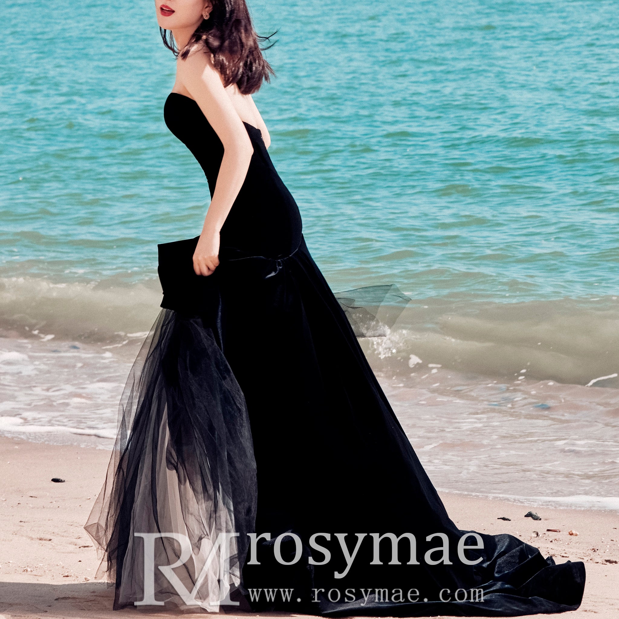 Strapless Velvet Mermaid Black Beach Wedding Dresses Custom Color / 16W Strapless Velvet Mermaid Black Beach Wedding Dresses Custom Color / 16W
