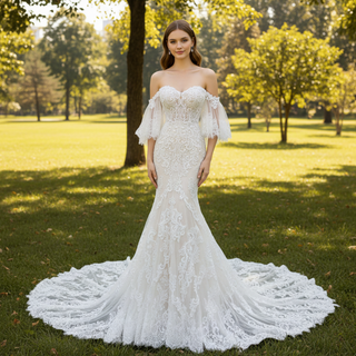 Chapel Train Mermaid Lace Wedding Dress with Sleeves