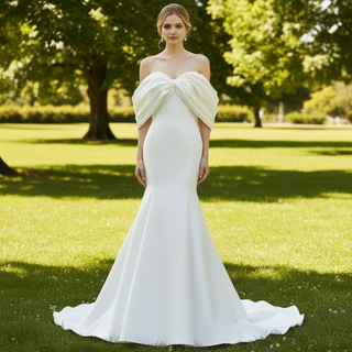 Simple Taffeta Trumpet Wedding Dress with Off the Shoulder Sleeve