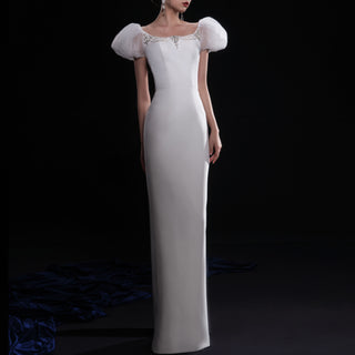 Puffy Short Sleeve Mermaid Slim Wedding Dress with Back Slit