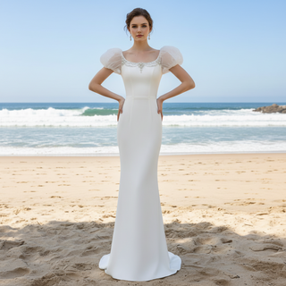 Puffy Short Sleeve Mermaid Slim Wedding Dress with Back Slit