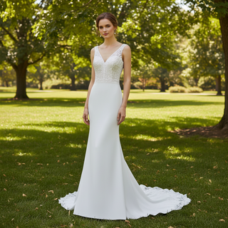 Romantic Lace Mermaid Wedding Dress Double V with Tank Sleeve