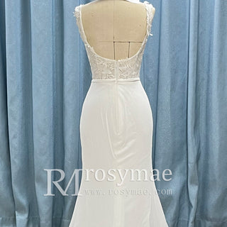Square Neck Simple Mermaid Wedding Dress with Sheer Bodice