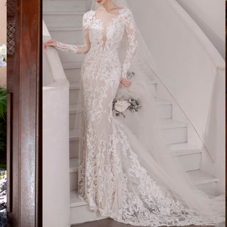 Long Sleeve Fit and Flare Lace Wedding Dress with Vneck