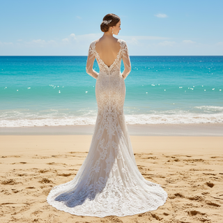 Long Sleeve Fit and Flare Lace Wedding Dress with Vneck