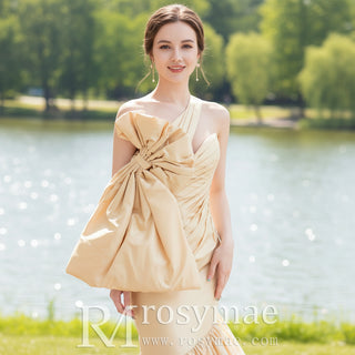 One-Shoulder Asymmetric Ruched Champagne Wedding Dress Rosymae One-Shoulder Asymmetric Ruched Champagne Wedding Dress Rosymae