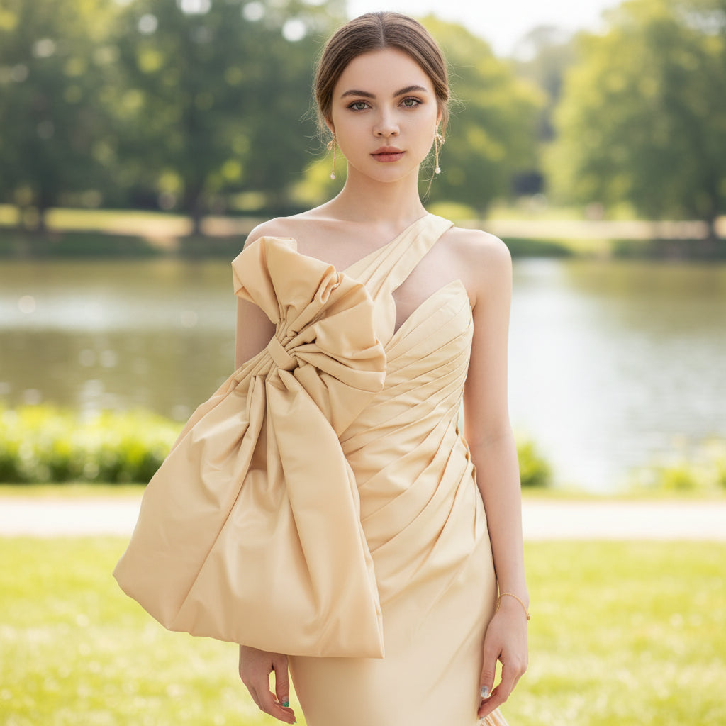 One-Shoulder Asymmetric Ruched Champagne Wedding Dress Rosymae One-Shoulder Asymmetric Ruched Champagne Wedding Dress Rosymae