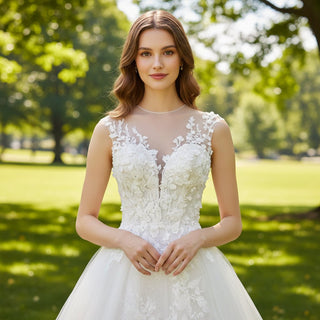 Mermaid Court Train Lace Tulle Wedding Dresses with Capped Sleeve - Rosymae