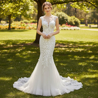 Mermaid Court Train Lace Tulle Wedding Dresses with Capped Sleeve - Rosymae
