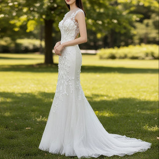 Mermaid Court Train Lace Tulle Wedding Dresses with Capped Sleeve - Rosymae