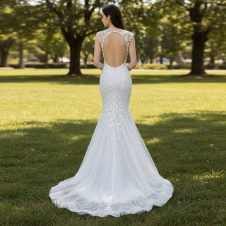 Mermaid Court Train Lace Tulle Wedding Dresses with Capped Sleeve - Rosymae