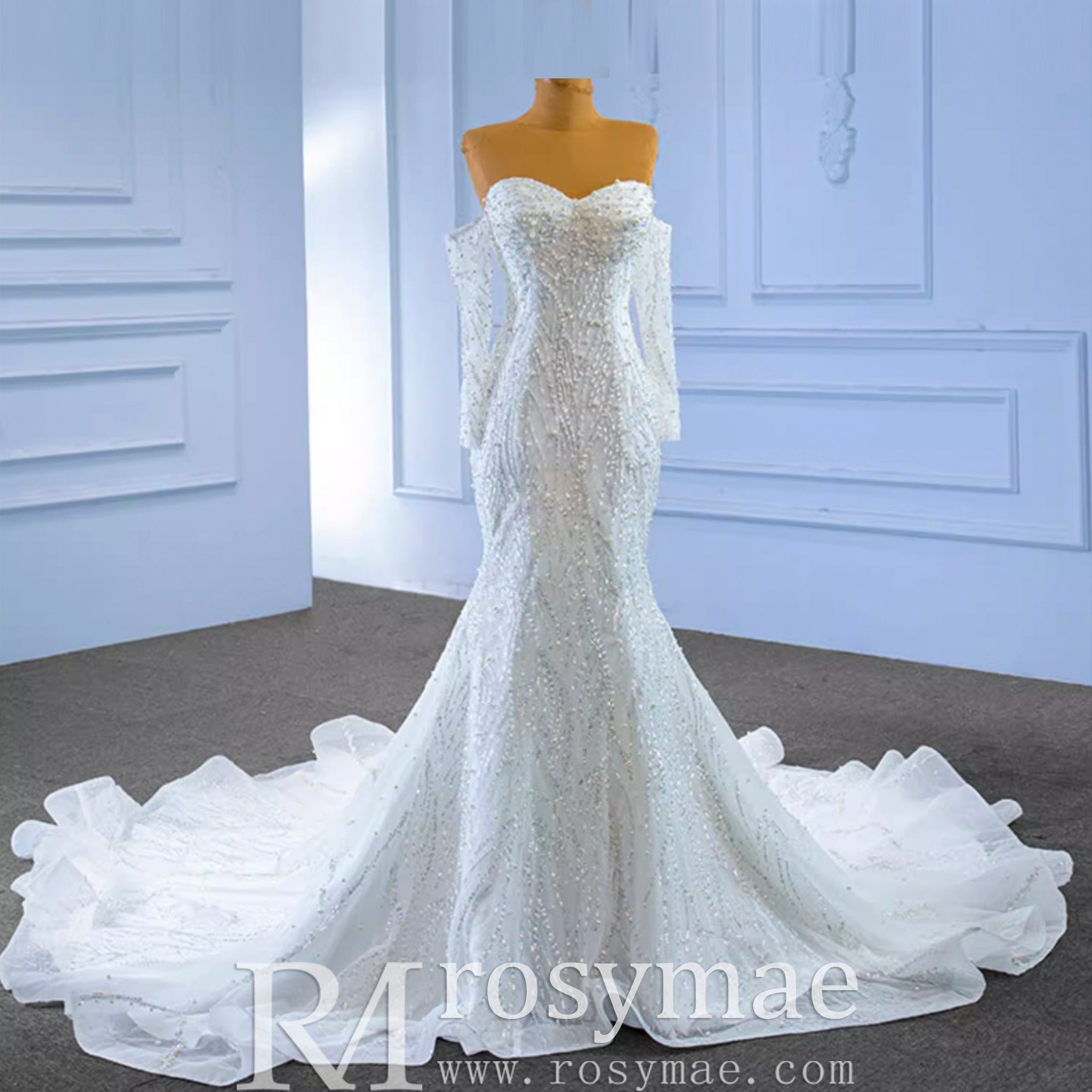 Mermaid Detachable Long Sleeve Wedding Dress with Sweetheart - Rosymae