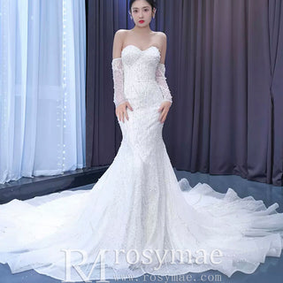 Mermaid Detachable Long Sleeve Wedding Dress with Sweetheart - Rosymae