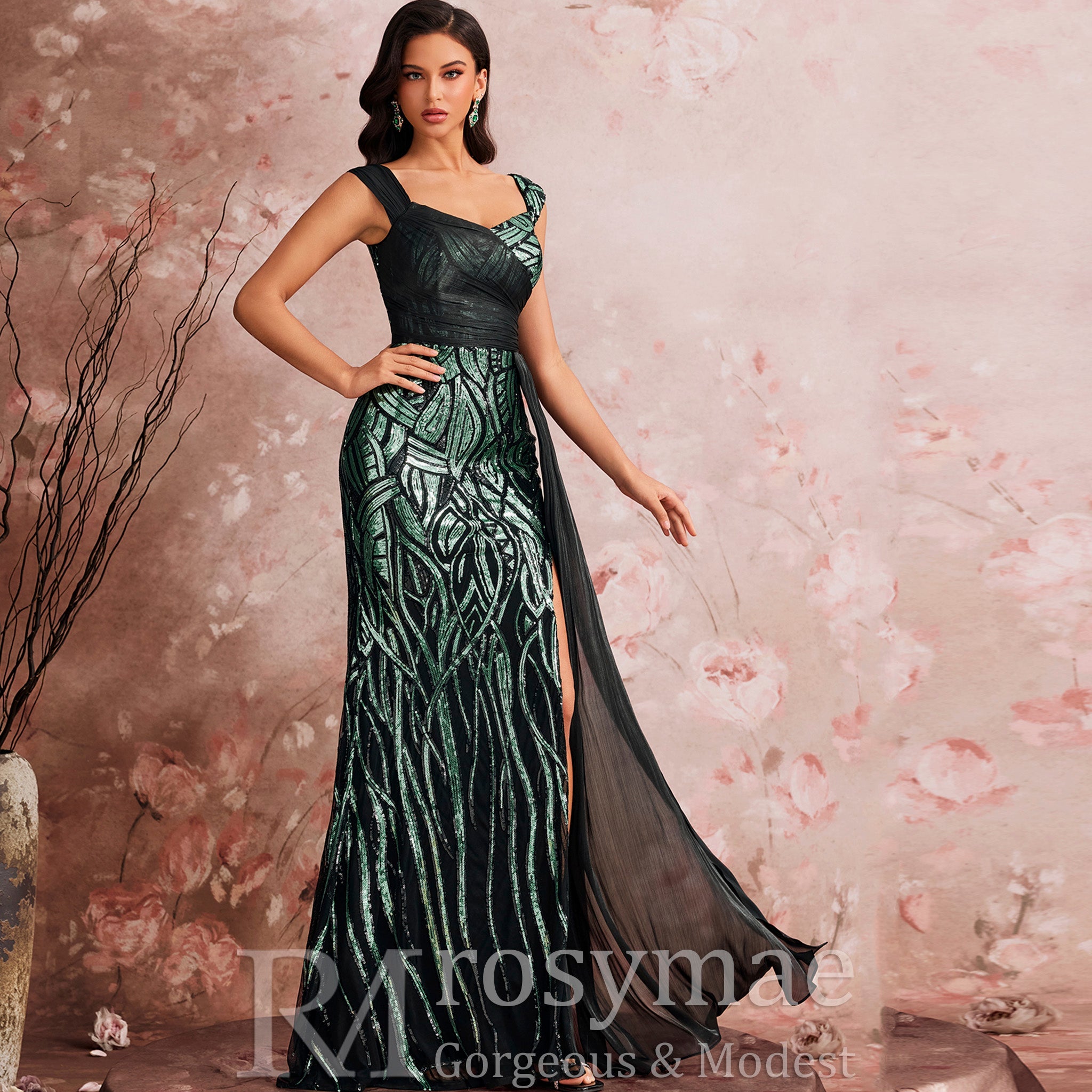 Mermaid Evening Gown Sparkle Prom Wedding Party Dress with Queen Ann Neck - Rosymae