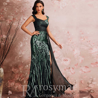 Mermaid Evening Gown Sparkle Prom Wedding Party Dress with Queen Ann Neck - Rosymae