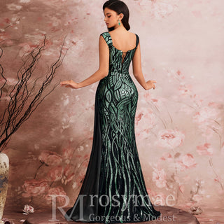 Mermaid Evening Gown Sparkle Prom Wedding Party Dress with Queen Ann Neck - Rosymae