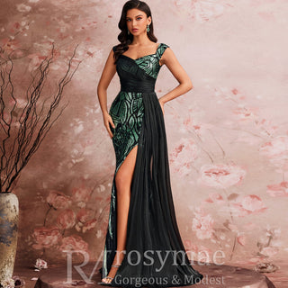 Mermaid Evening Gown Sparkle Prom Wedding Party Dress with Queen Ann Neck - Rosymae